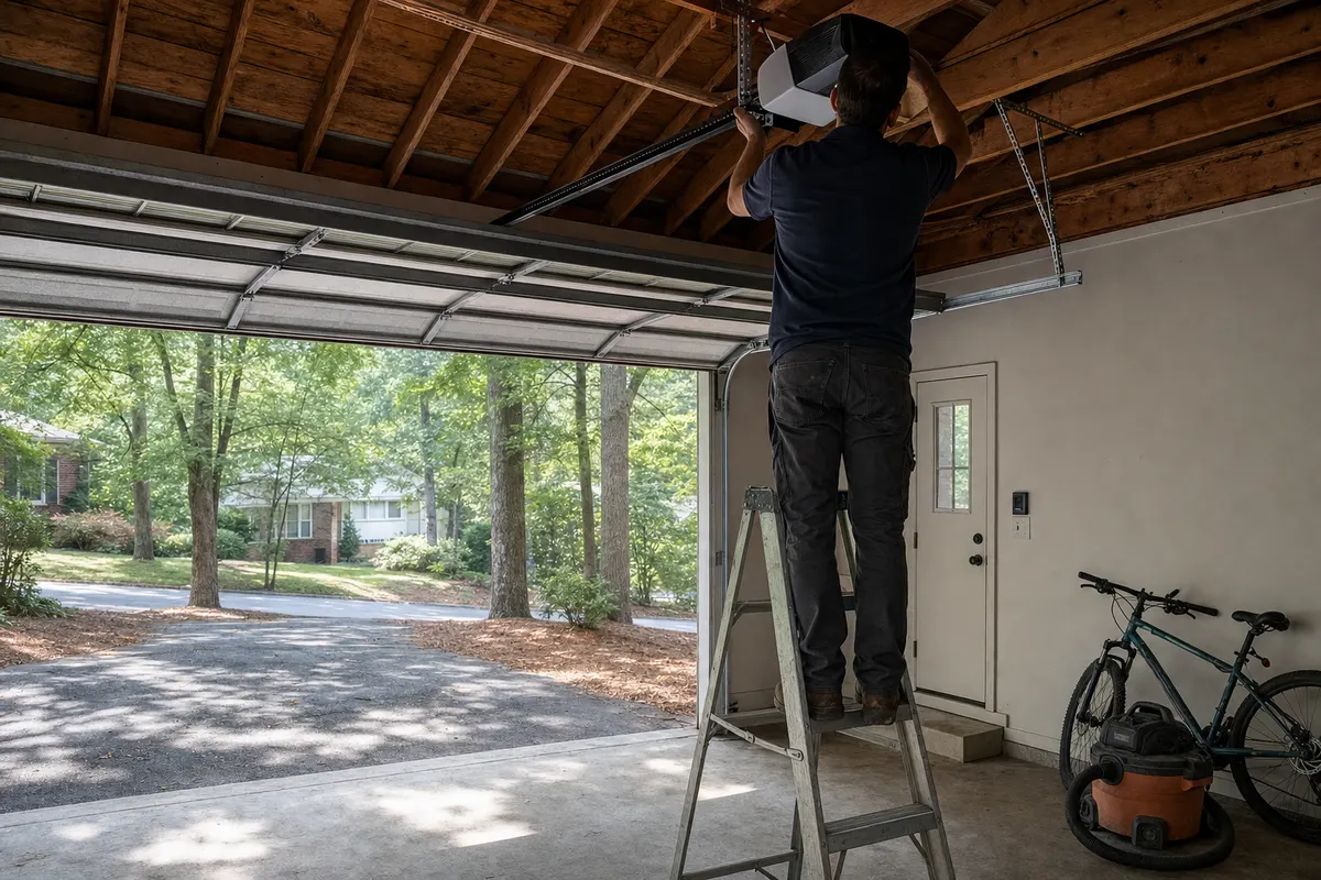 A technician on a stepladder fitting a belt-drive opener to the ceiling of a split-level's garage, the wooded street beyond the open door