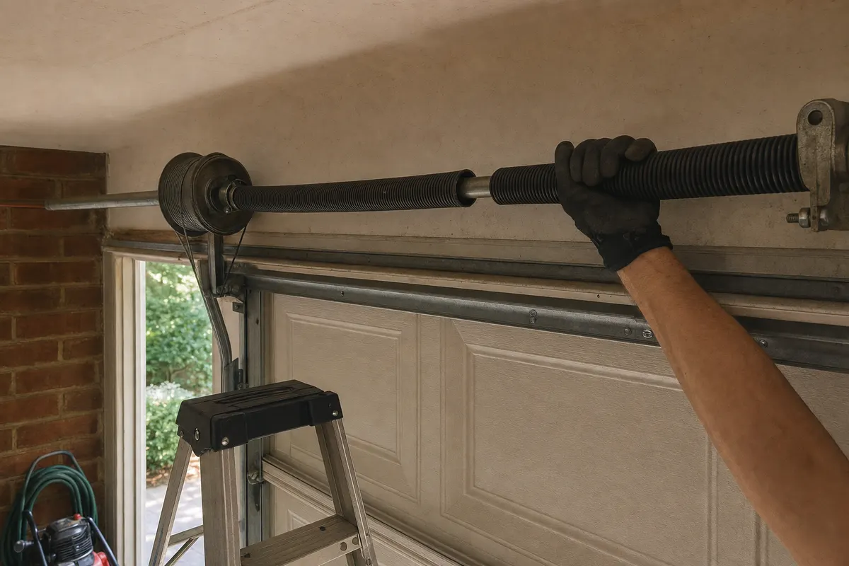 A snapped torsion spring above a closed cream garage door, a gloved hand on the shaft beside the break