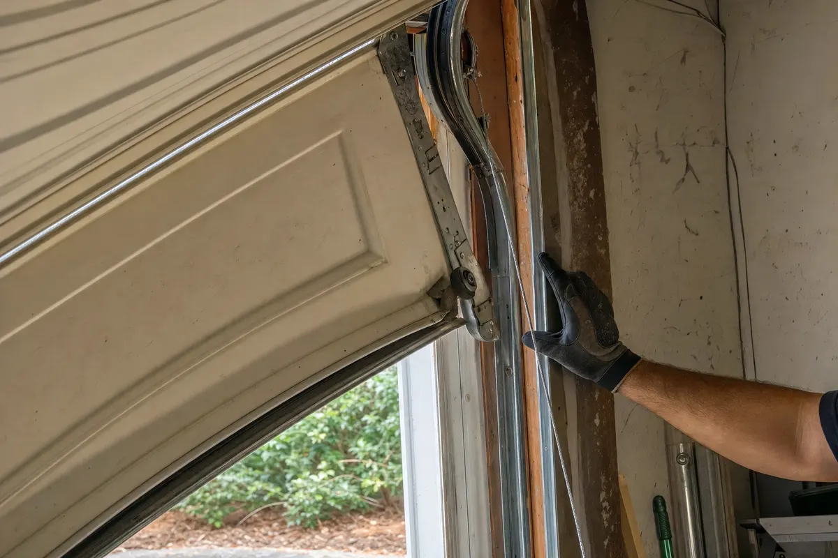 A garage door section pushed askew where a roller has jumped the vertical track, the lift cable hanging slack, a gloved hand steadying the track