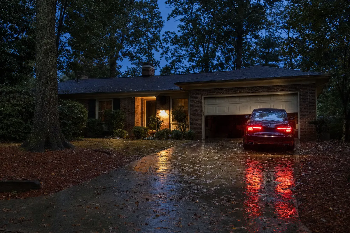 A garage door stuck partway open on a brick ranch at dusk after a storm, taillights glowing on the wet driveway