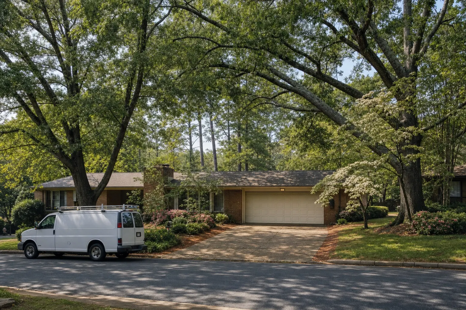 A brick ranch in Dunwoody with a cream two-car garage door under white oaks, a plain white van at the curb