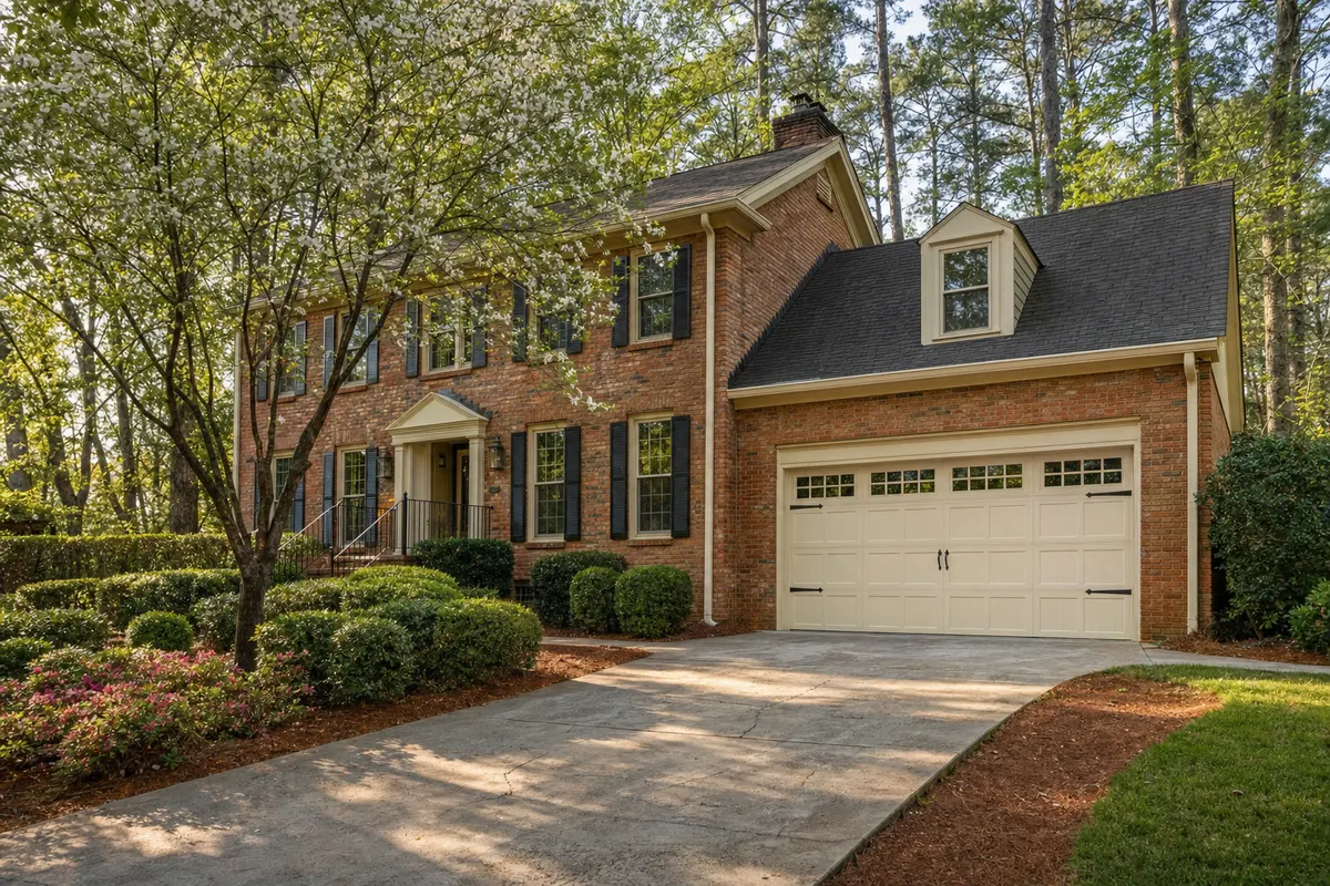 A freshly installed cream carriage-style garage door with black hardware on a two-story brick house under dogwoods