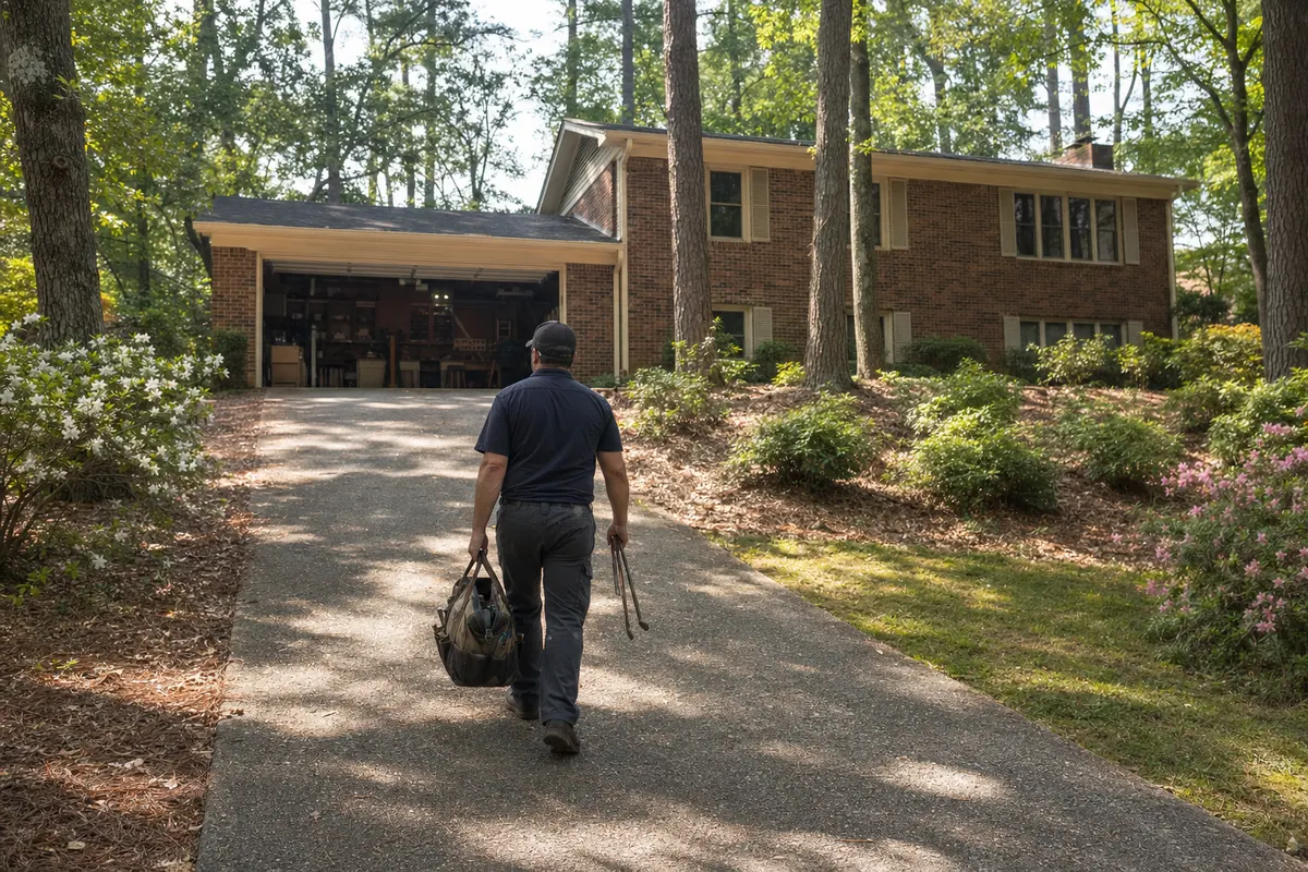A technician walking up a long Dunwoody driveway toward an open garage on a brick split-level under tall pines
